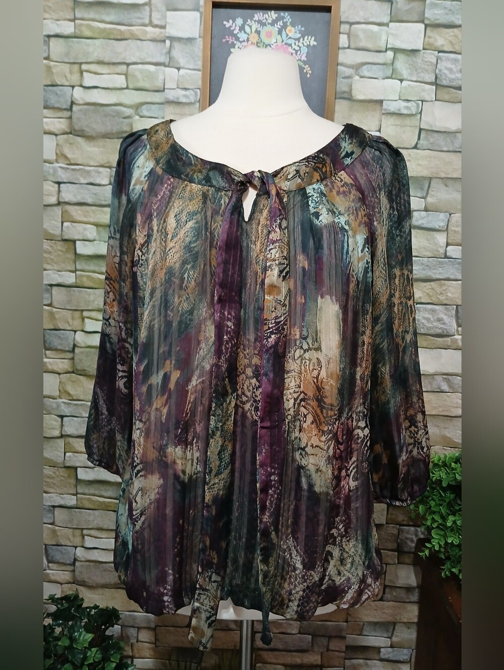 Sara Michelle Multicolor Boho Gothic Tie-Neck Blouse
